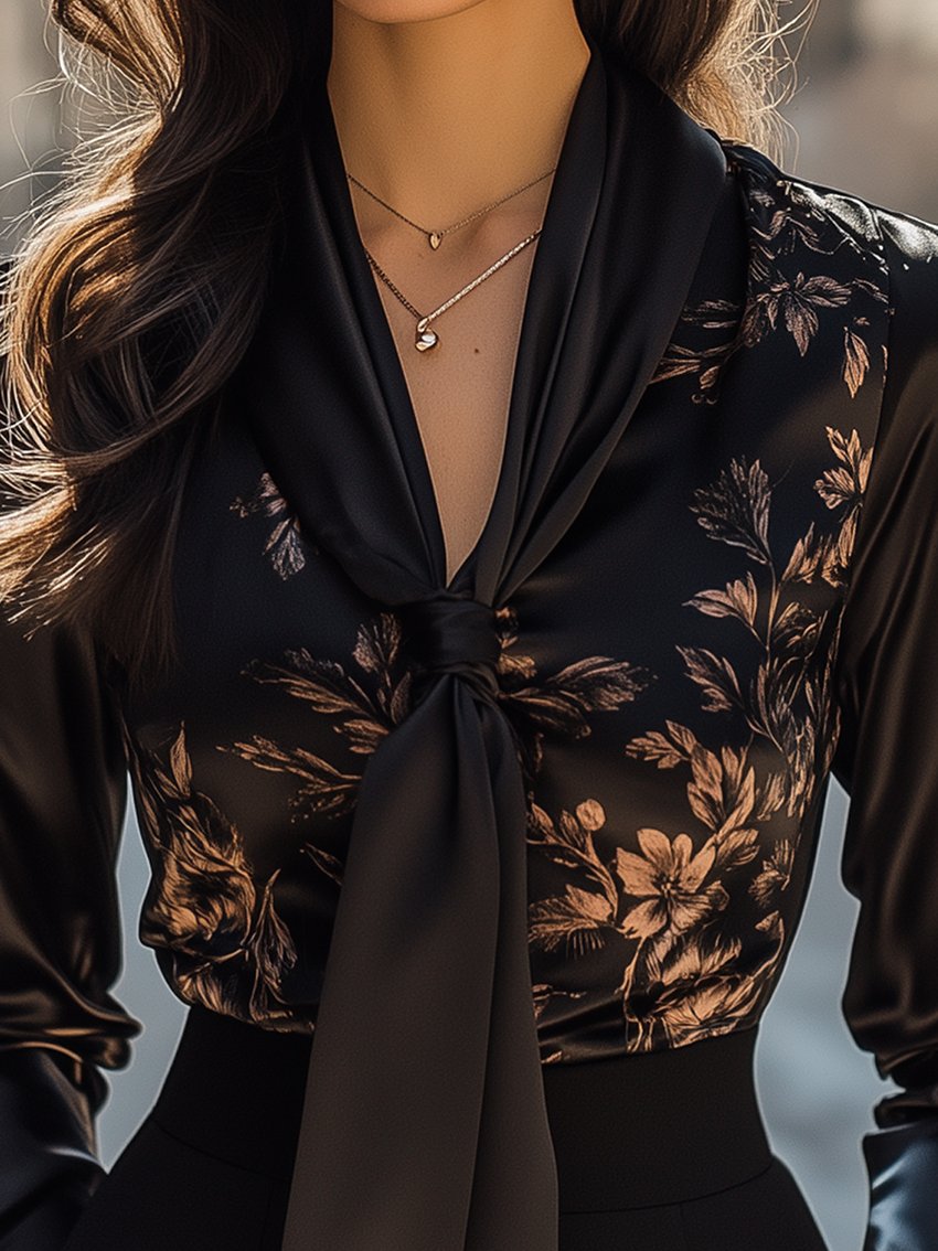 Black Floral Print Bow-tie Satin Blouse