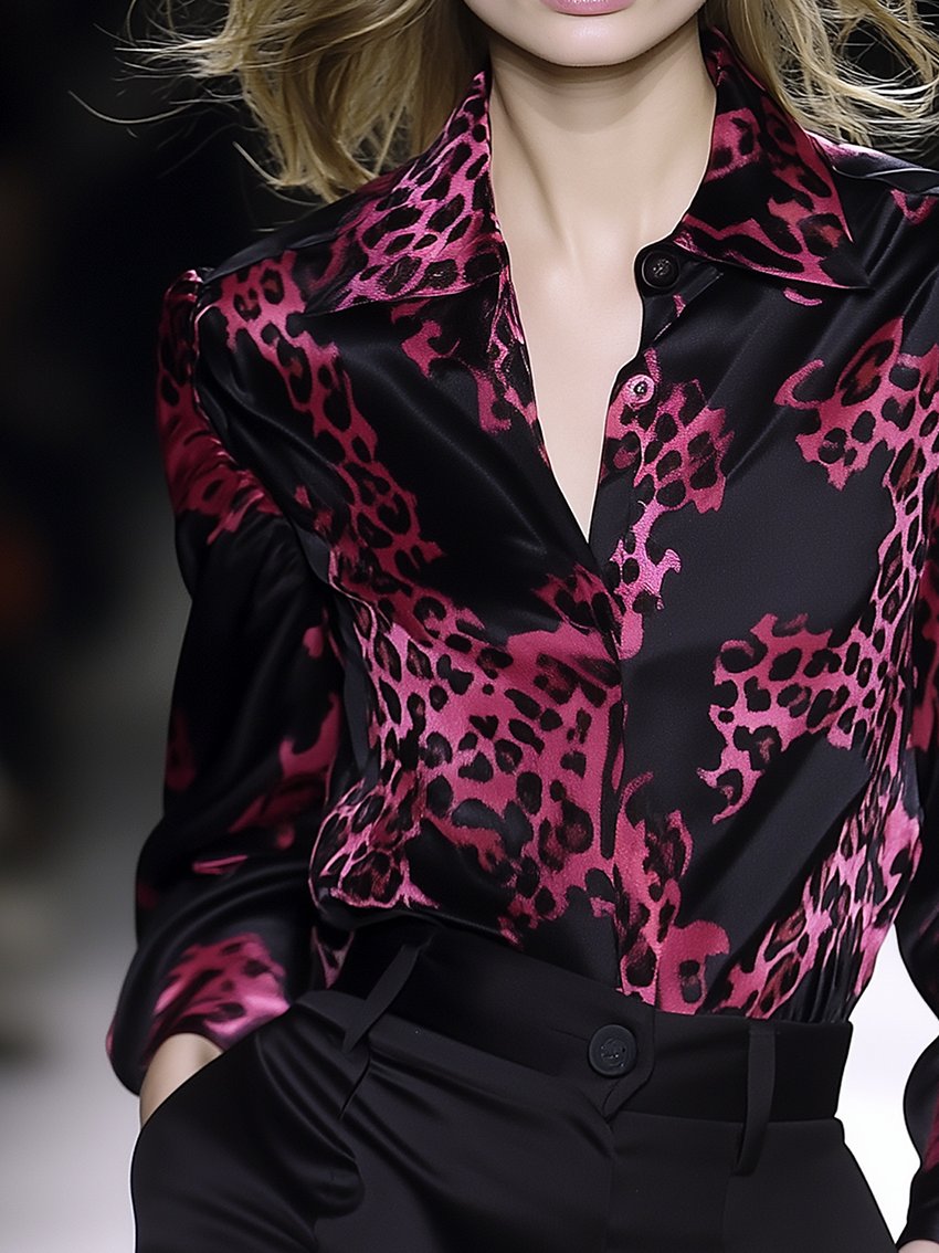 Red And Black Contrast Leopard-Print Satin Blouse