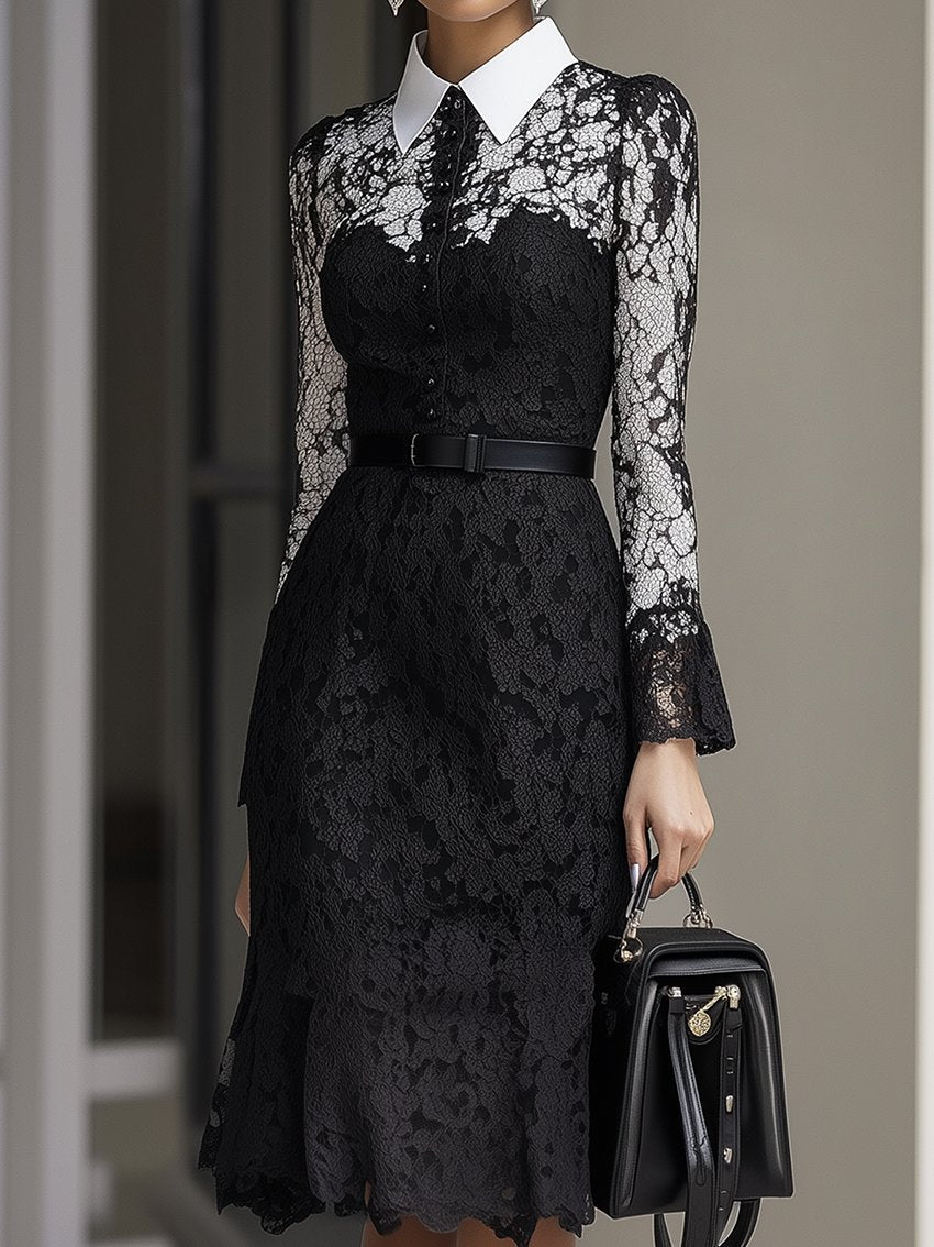 Black Midi Shirt Dress With Lace Decoration And Belt