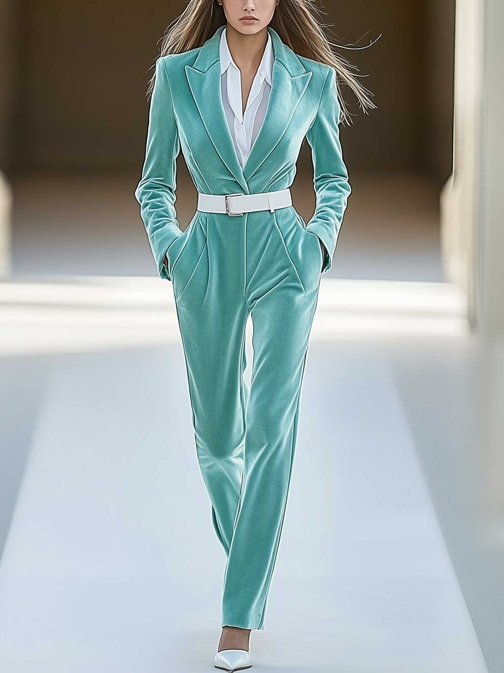 Mint Green Velvet Jumpsuit With White Belt