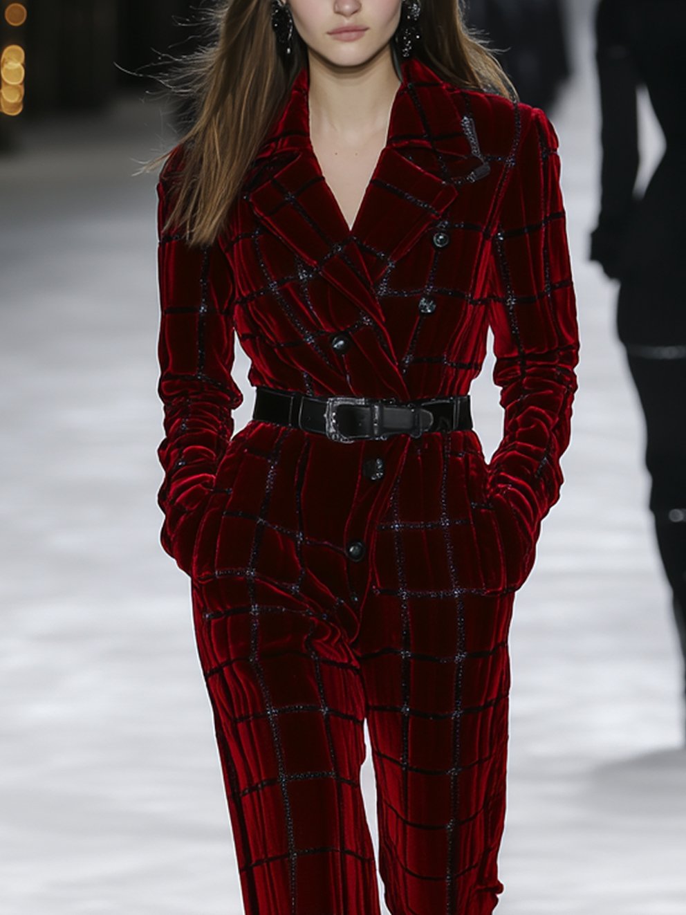 Red Velvet Jumpsuit With Black Check And Belt