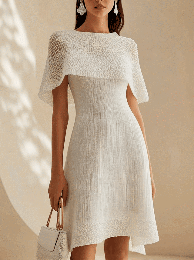 White Knit Midi Dress With Cape Trim