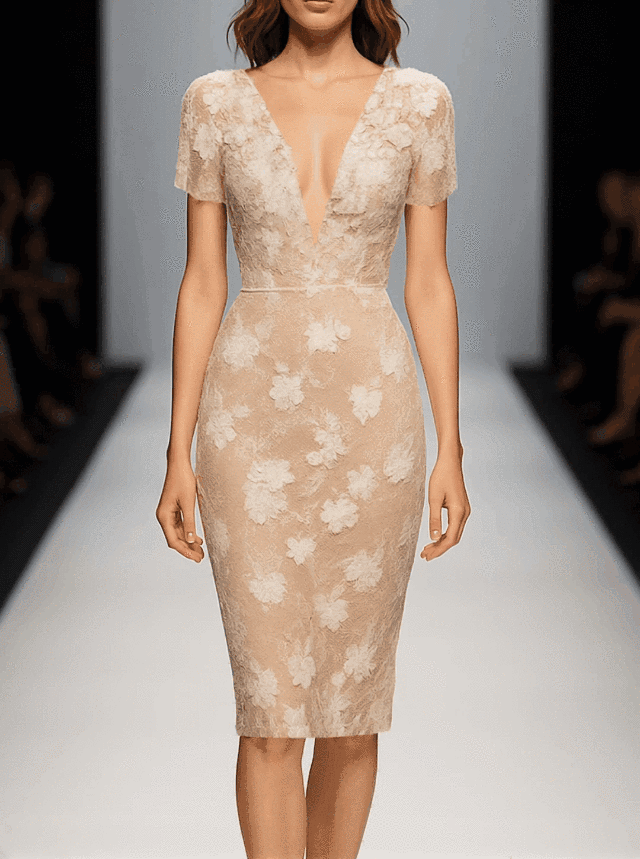 Light Beige Lace V-neck Short Sleeve Bodycon Dress
