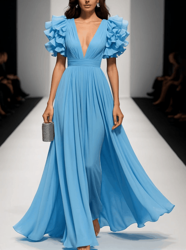 Ruffled Short-Sleeve V-Neck Chiffon Maxi Dress