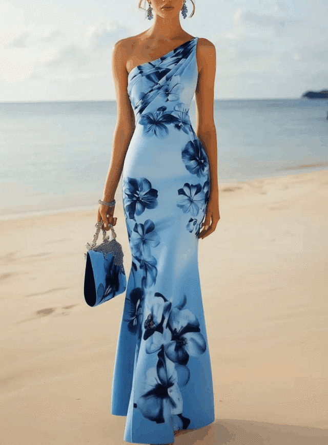 One Shoulder Light Blue Bodycon Dress With Blue Gradient Floral Print