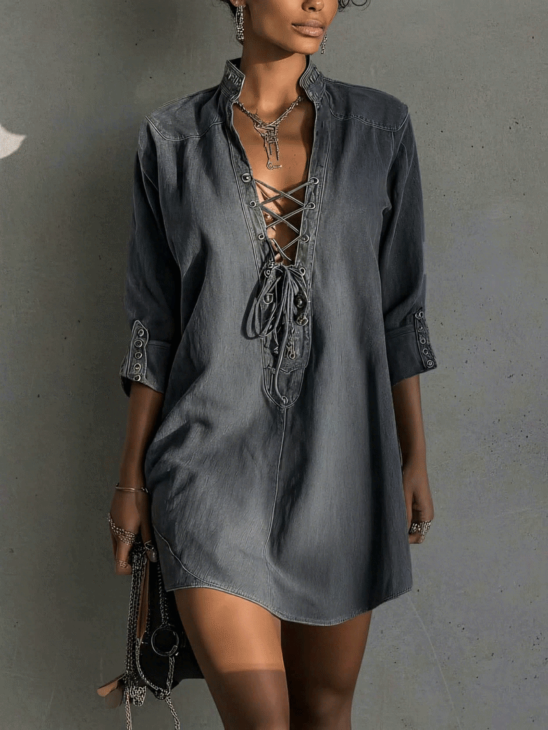 Dark Gray Lace-Up Denim Mini Dress