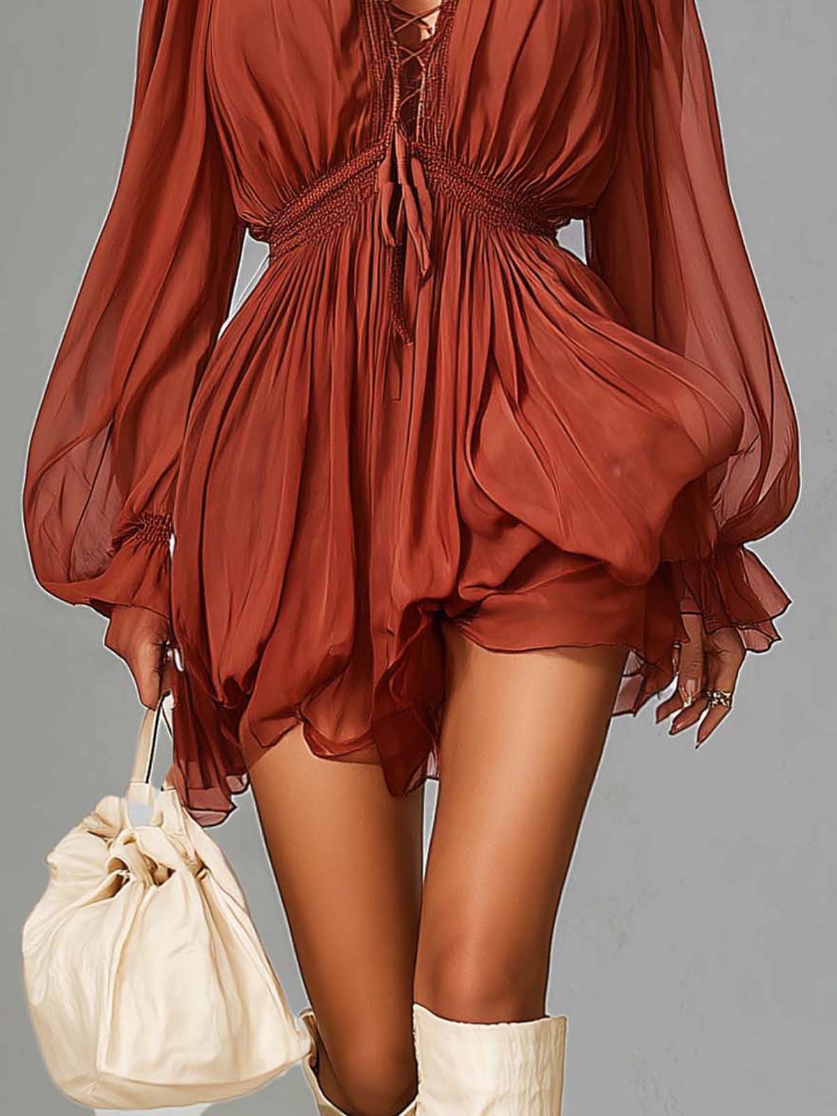 Red Chiffon Off Shoulder Cutout Tie Up Mini Dress